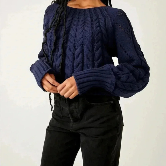 Free People Navy Cable Knit Sweater - Picture 1 of 9